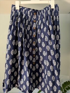 J. Crew Navy Midi Skirt with White Leaf Print